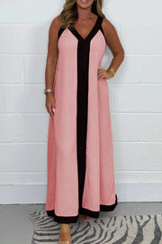 Casual Loose Contrast Color V-neck Sleeveless Long Dress