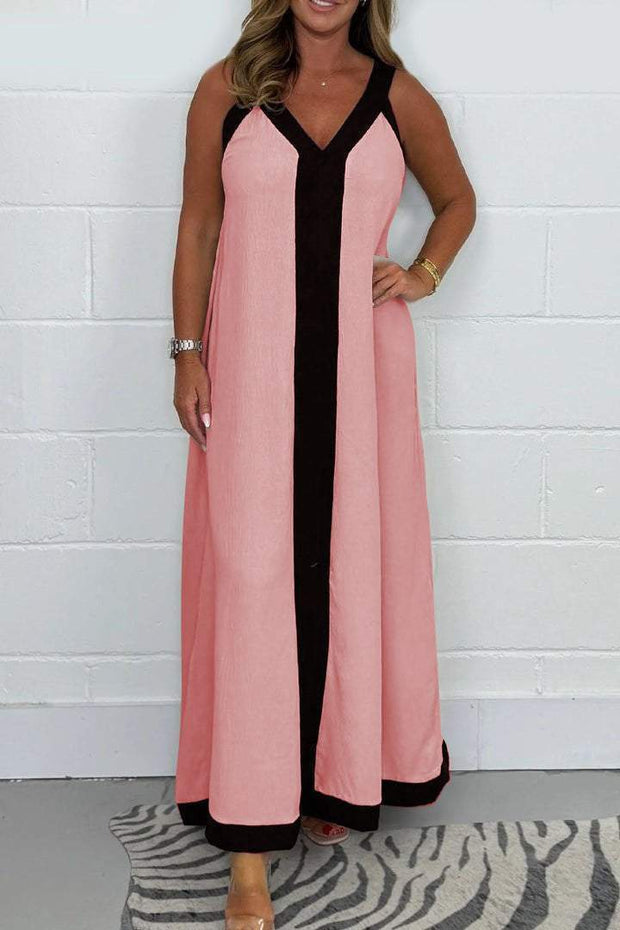 Casual Loose Contrast Color V-neck Sleeveless Long Dress