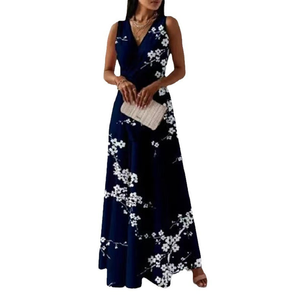 Printed Extra Long V-neck Sleeveless Slim Fit Dress