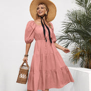 Summer New European And American Style Pure Color Ruffles Square Collar Short Sleeve Mid-length Women's Dress