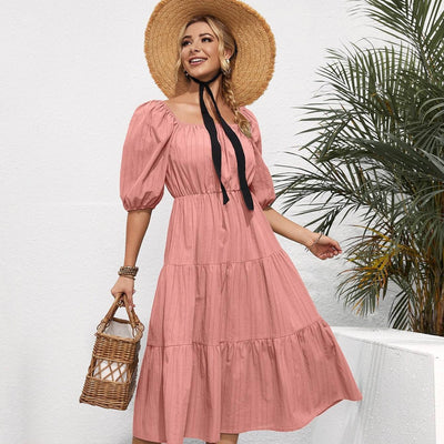 Summer New European And American Style Pure Color Ruffles Square Collar Short Sleeve Mid-length Women's Dress
