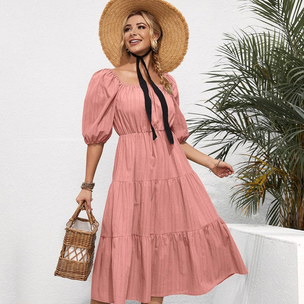 Summer New European And American Style Pure Color Ruffles Square Collar Short Sleeve Mid-length Women's Dress