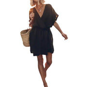 V-neck Short Sleeve Loose Pockets Belt Dress