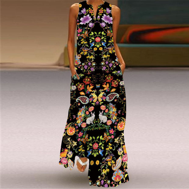 Printed V-neck Sleeveless Long Dress
