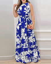 Halter Dress Lace Printing Lotus Leaf