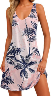 Casual Digital Printed V-neck Dress Vest Pockets Beach Dress