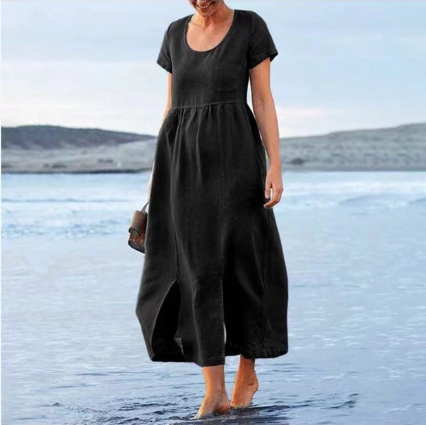 Cotton And Linen Round Neck Short-Sleeved Pockets Irregular Hem Mid-Length Dress Women