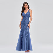 Long Dress Sleeveless V Neck Embroidered