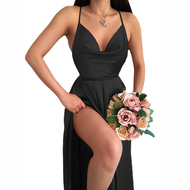 Solid Color Backless Pockets Collar A Swing Sling Dress Women