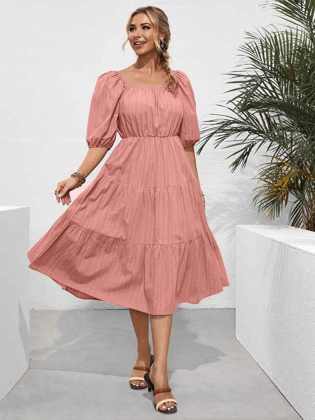 Summer New European And American Style Pure Color Ruffles Square Collar Short Sleeve Mid-length Women's Dress