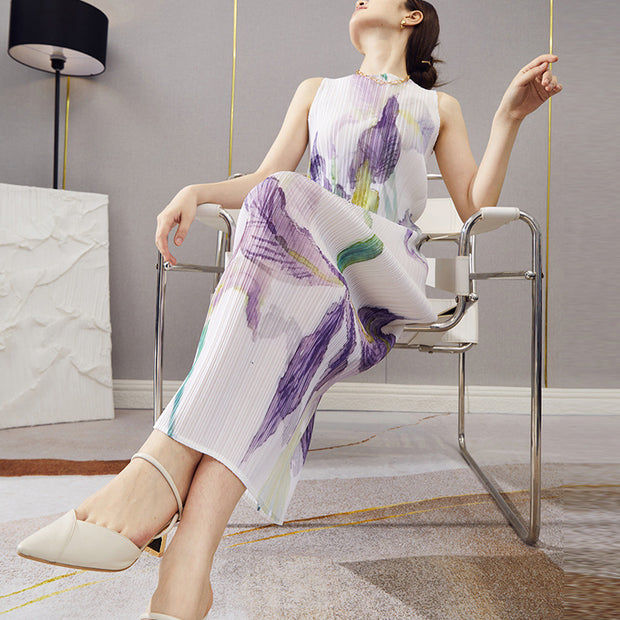 Fashion High-end Pleated Sleeveless Printed Straight Retro Dress