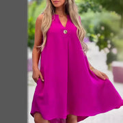 Summer V-neck Sleeveless Dress With Button Decoration Solid Color Casual Loose Straight Dresses Womens Clothing