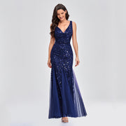 Long Dress Sleeveless V Neck Embroidered