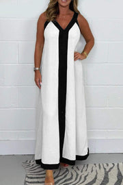 Casual Loose Contrast Color V-neck Sleeveless Long Dress