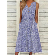 V-neck Floral Long Loose Sleeveless Women's Clothing Dress