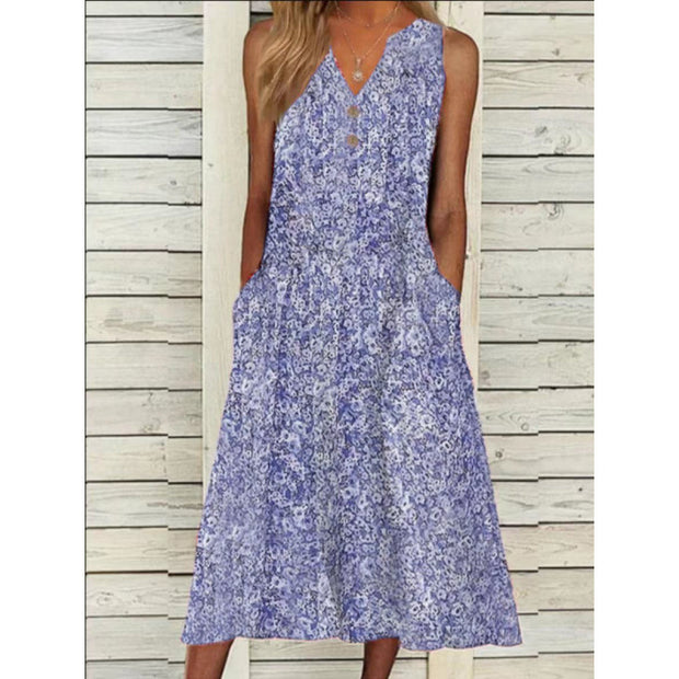 V-neck Floral Long Loose Sleeveless Women's Clothing Dress