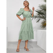 Summer New European And American Style Pure Color Ruffles Square Collar Short Sleeve Mid-length Women's Dress
