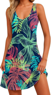 Casual Digital Printed V-neck Dress Vest Pockets Beach Dress