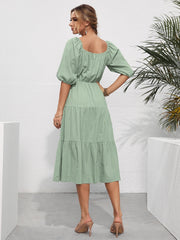 Summer New European And American Style Pure Color Ruffles Square Collar Short Sleeve Mid-length Women's Dress