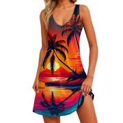 Casual Digital Printed V-neck Dress Vest Pockets Beach Dress