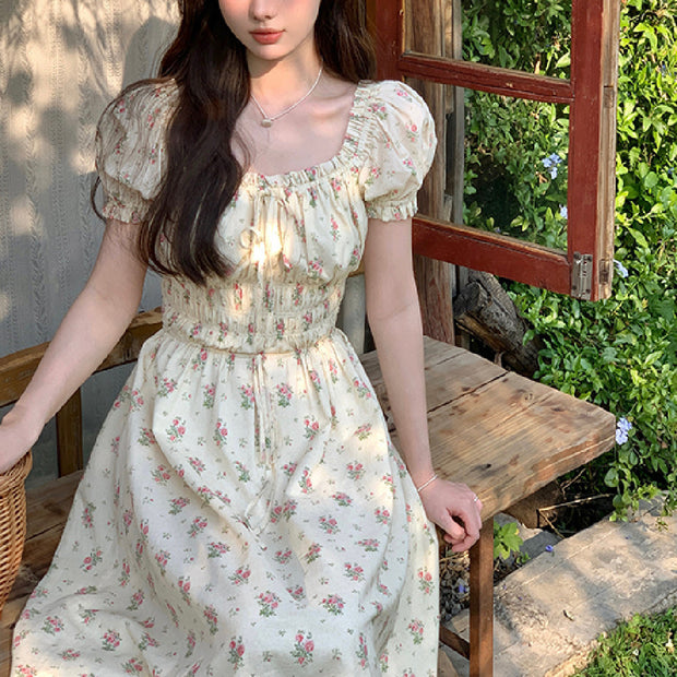 Vintage Floral Dress With Square Collar