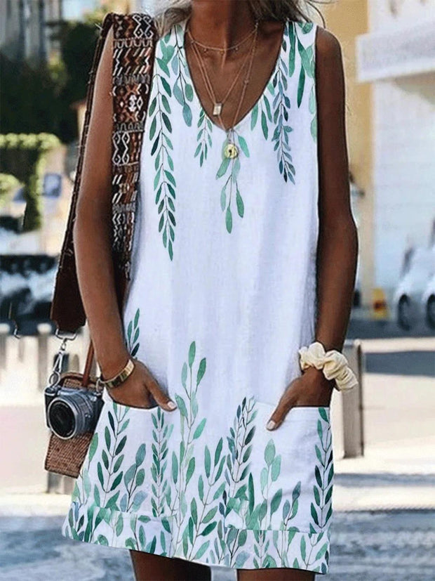 Leaf Print Pocket Loose Casual Dress
