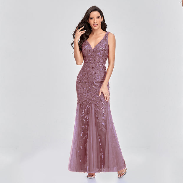 Long Dress Sleeveless V Neck Embroidered