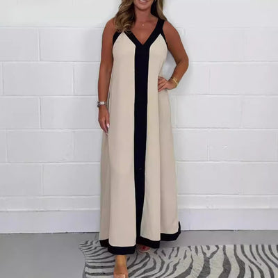 Casual Loose Contrast Color V-neck Sleeveless Long Dress