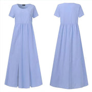 Cotton And Linen Round Neck Short-Sleeved Pockets Irregular Hem Mid-Length Dress Women