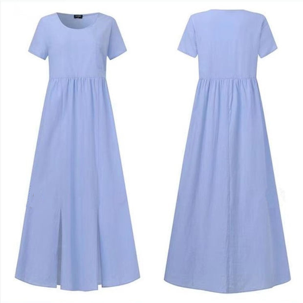 Cotton And Linen Round Neck Short-Sleeved Pockets Irregular Hem Mid-Length Dress Women