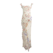 French Ruffled Square Collar Floral Backless Sling Dress