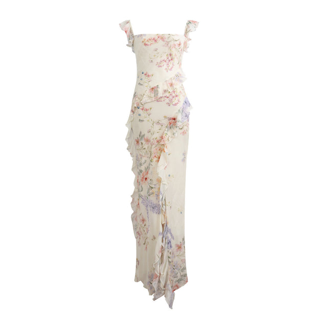 French Ruffled Square Collar Floral Backless Sling Dress