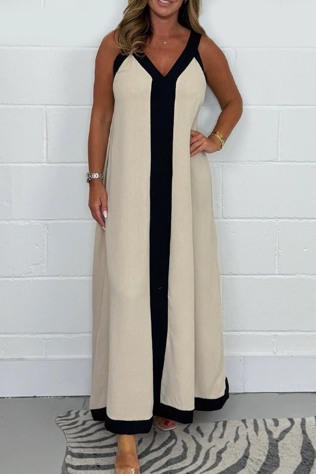 Casual Loose Contrast Color V-neck Sleeveless Long Dress