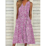 V-neck Floral Long Loose Sleeveless Women's Clothing Dress