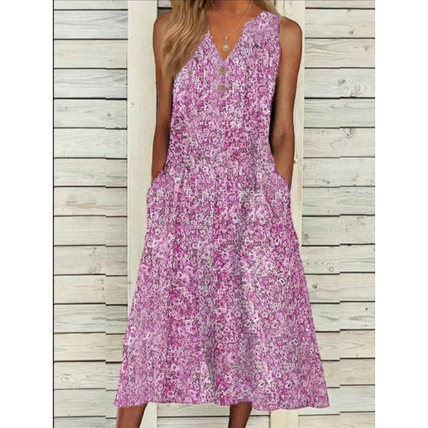 V-neck Floral Long Loose Sleeveless Women's Clothing Dress