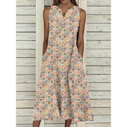 V-neck Floral Long Loose Sleeveless Women's Clothing Dress