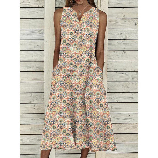 V-neck Floral Long Loose Sleeveless Women's Clothing Dress