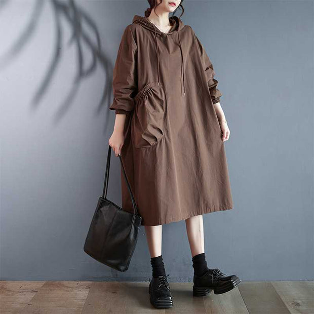 Korean Style Hooded Pullover Solid Color Plus Size Loose Pockets Large Swing Dress