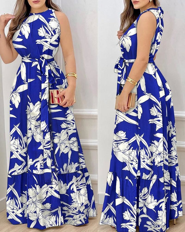 Halter Dress Lace Printing Lotus Leaf
