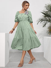 Summer New European And American Style Pure Color Ruffles Square Collar Short Sleeve Mid-length Women's Dress