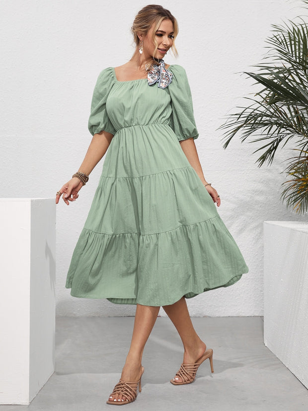 Summer New European And American Style Pure Color Ruffles Square Collar Short Sleeve Mid-length Women's Dress