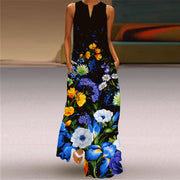 Printed V-neck Sleeveless Long Dress