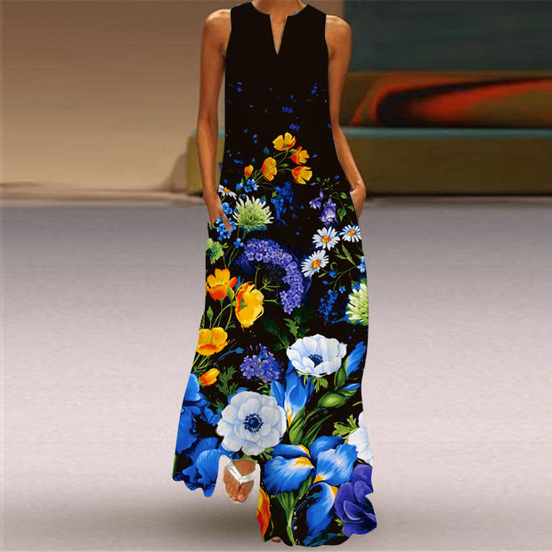 Printed V-neck Sleeveless Long Dress