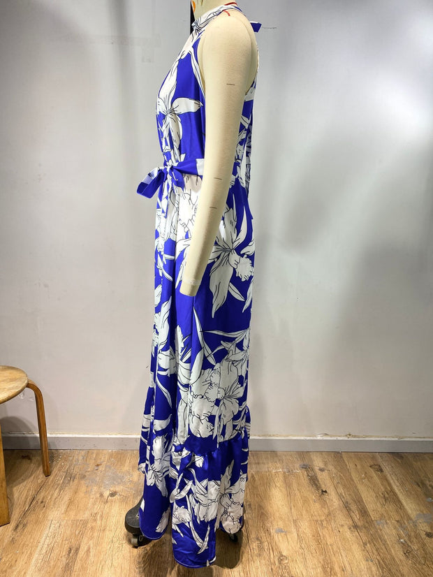 Halter Dress Lace Printing Lotus Leaf