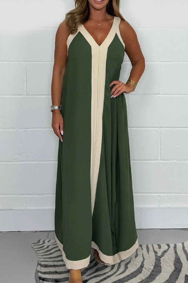 Casual Loose Contrast Color V-neck Sleeveless Long Dress