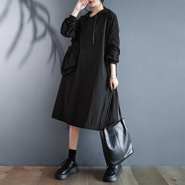 Korean Style Hooded Pullover Solid Color Plus Size Loose Pockets Large Swing Dress