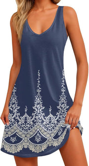 Casual Digital Printed V-neck Dress Vest Pockets Beach Dress