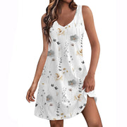Casual Digital Printed V-neck Dress Vest Pockets Beach Dress