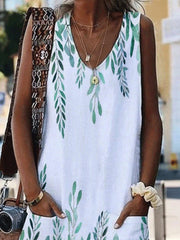 Leaf Print Pocket Loose Casual Dress