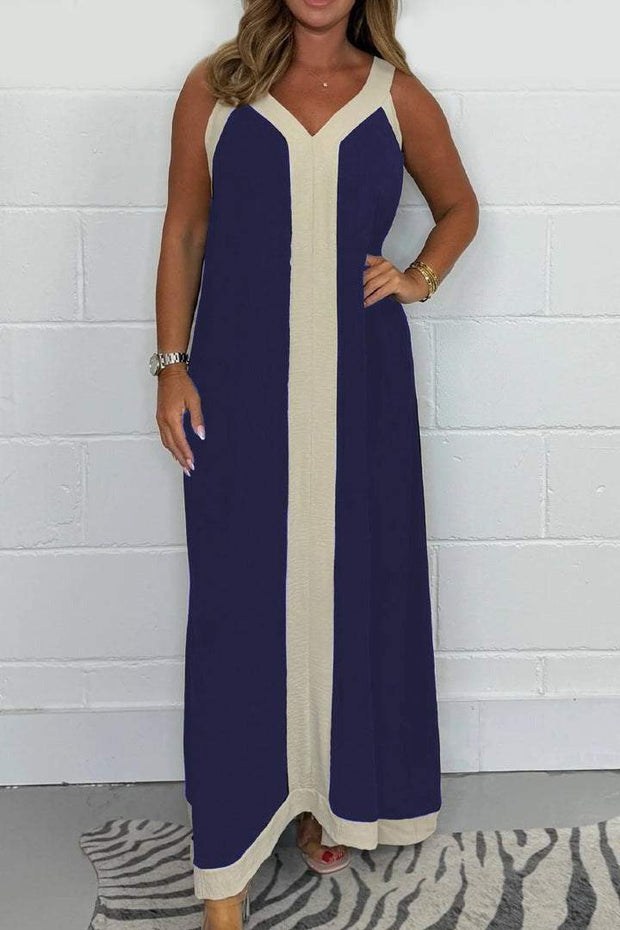 Casual Loose Contrast Color V-neck Sleeveless Long Dress